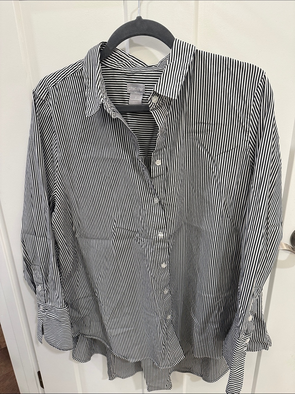 Chico's Black and White Vertical Stripe Button-Down Shirt